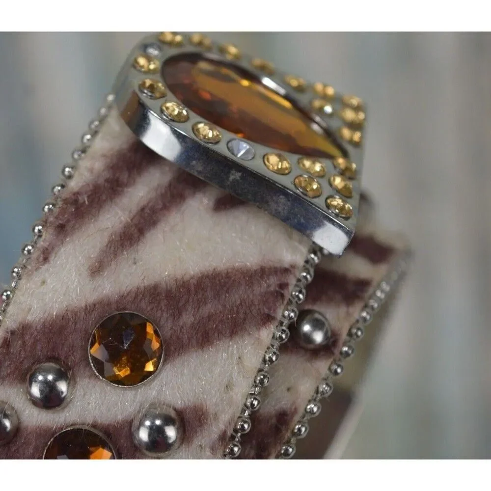 BHW Rhinestone Western Belt Brown Cow Hair Size M 32 Conch Jewel Gemstone Buckle